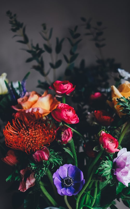 Vibrant designer arrangement of ranunculus, anemone and protea
